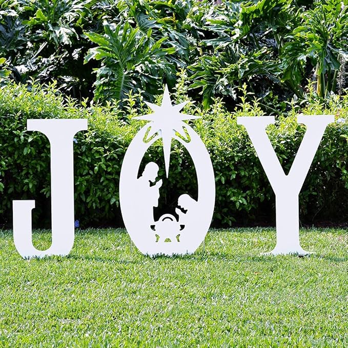 Bring the true spirit of Christmas to your yard with this stunning Christmas Joy Yard Sign featuring the Holy Family. Each large letter measures an impressive 35.5" tall by 23.5" wide (43.5" tall to the top of the star), creating a beautiful and impactful display. Made from durable, marine-grade plastic, this sign is designed to withstand the elements and last for years to come. It includes all necessary stakes and brackets for easy assembly. Proudly built in the USA using American materials and crafted by American workers, this sign is a heartfelt way to celebrate the season while supporting local craftsmanship.